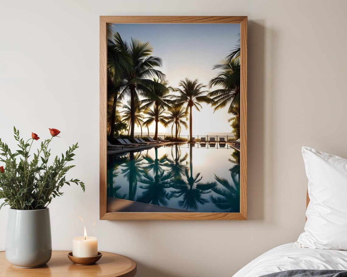 Tall Palm Trees Mirrored in Still Pool at Sunrise Resort Poster