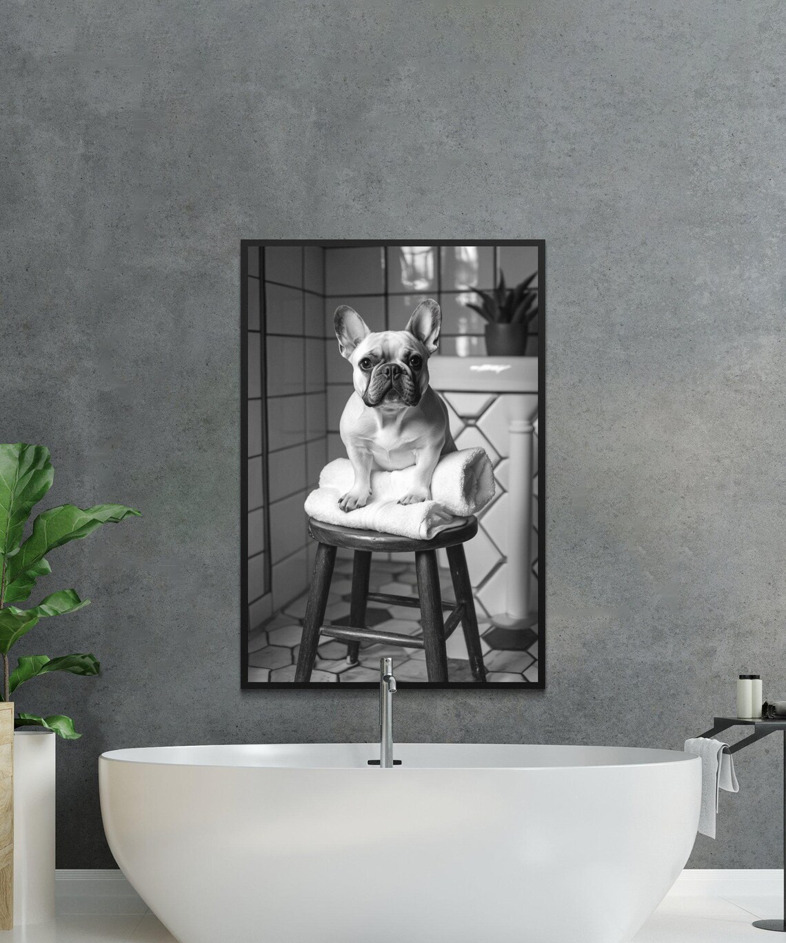 French Bulldog Sitting on a Towel in a Vintage Bathroom Photo Poster - Image 2