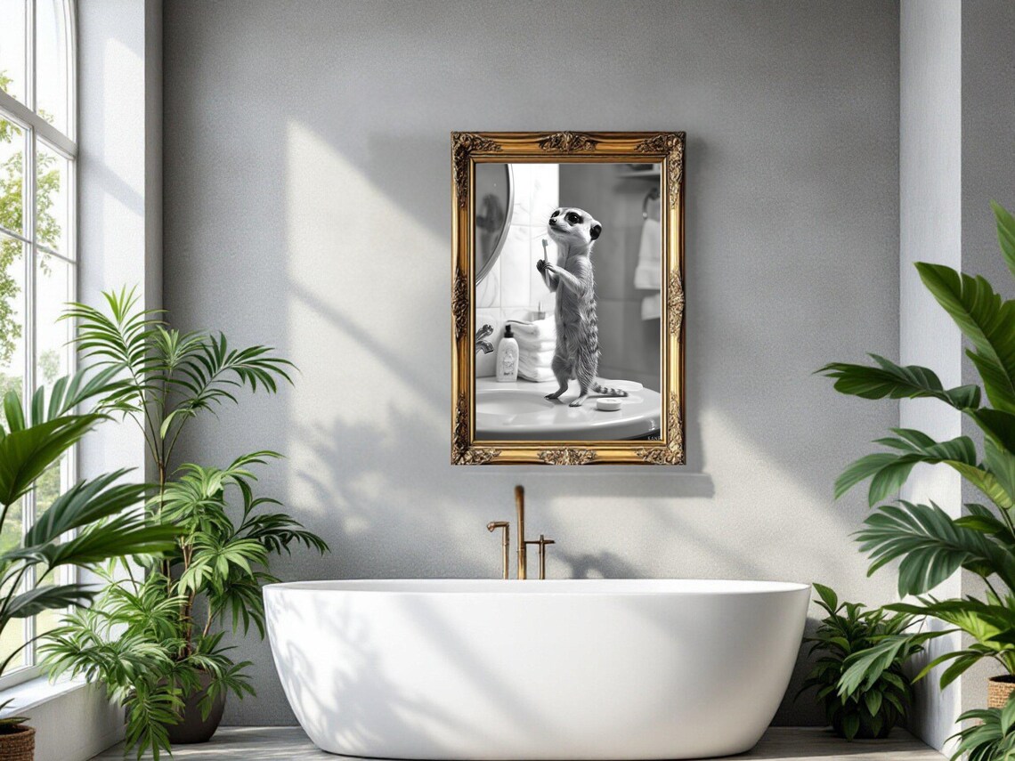 Cute Meerkat Wall Art Print Meerkat Brushing Teeth Art Funny Animal Bathroom Decor Black And White Artwork Childrens Room Decor - Image 4