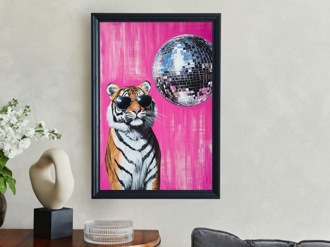 Tiger Wearing Sunglasses Under a Disco Ball Pink Party Poster