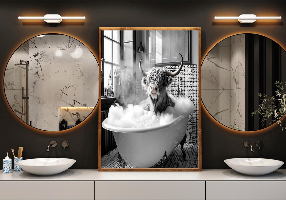 Highland Cow In Bubble Bath Black And White Cow Photo Poster - Image 3