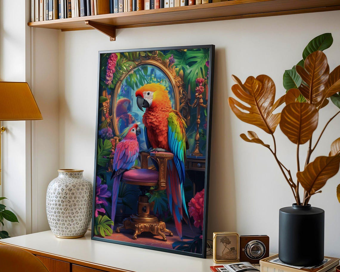Two Colorful Parrots by an Ornate Mirror Tropical Decor Print - Image 4