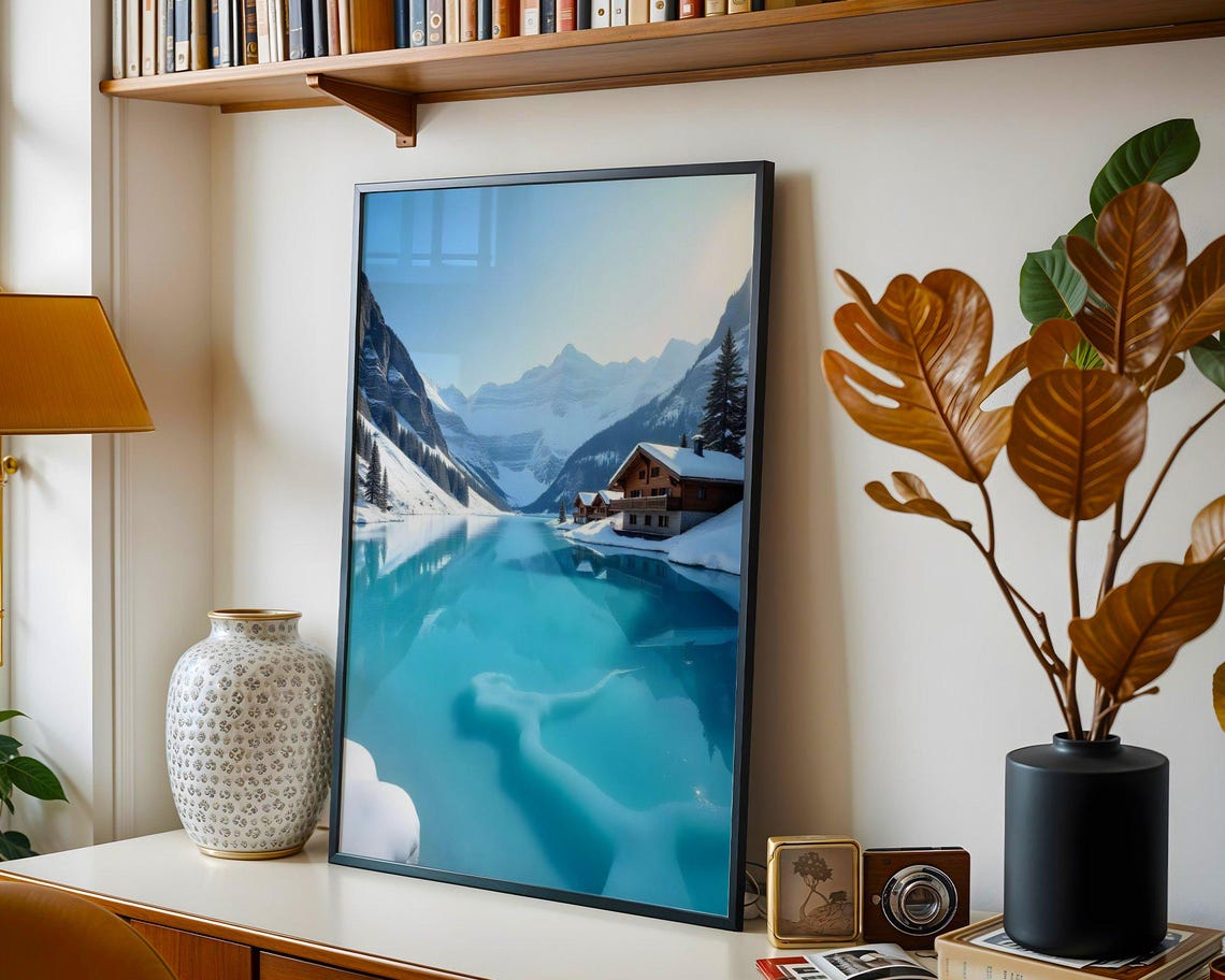 Cozy Wooden Alpine Chalet Beside Turquoise Lake in Winter Poster - Image 3