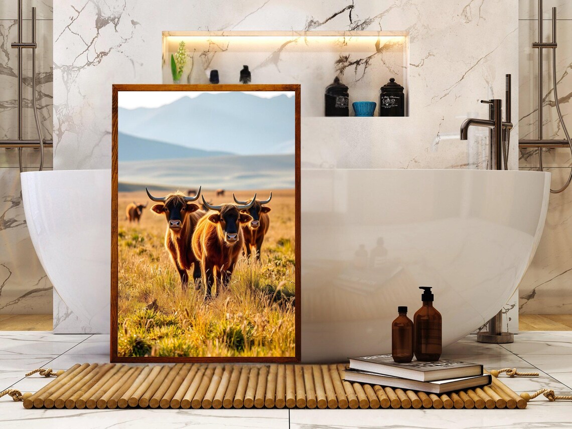 Highland Cattle Herd With Long Horns in Golden Meadow Poster - Image 4