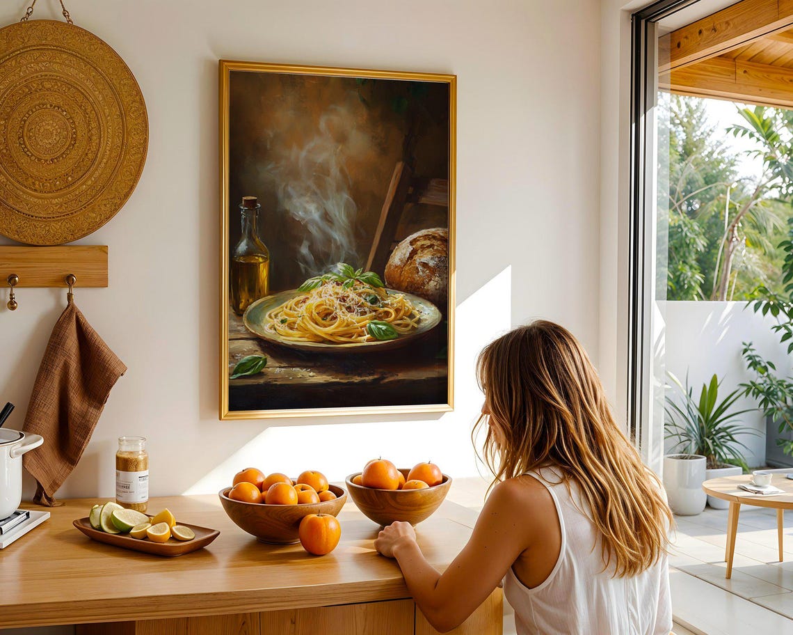 Steaming Spaghetti with Fresh Basil Rustic Italian Kitchen Poster - Image 4