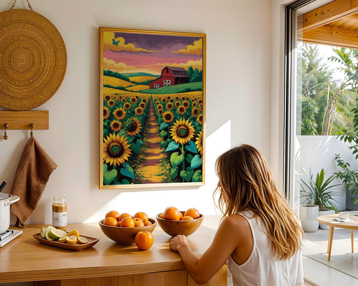 Sunflower Field Path Red Barn Golden Hour Farm Sunset Art Print - Image 2