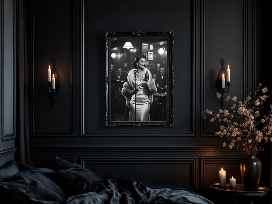 Vintage Jazz Club Singer at Classic Microphone with Big Band Poster - Image 3