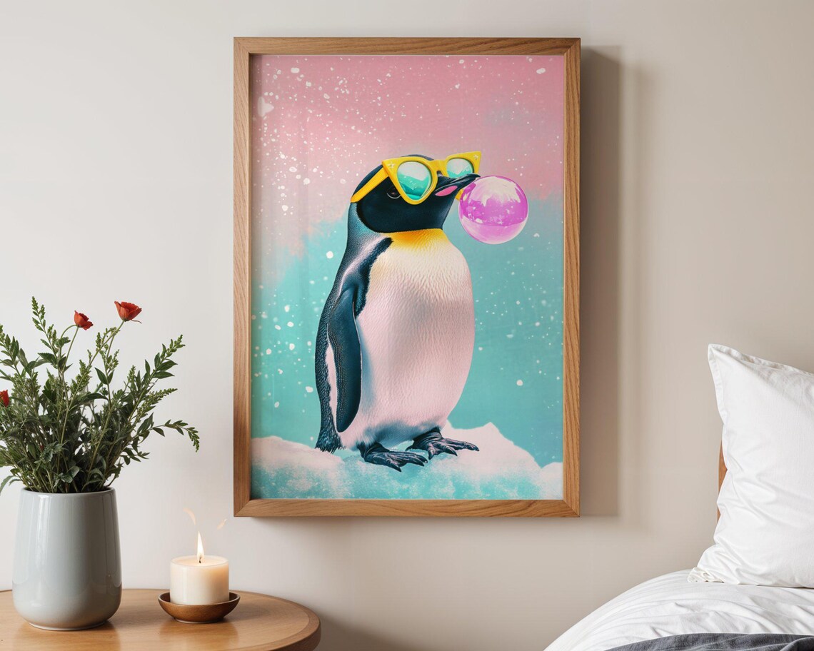 Penguin in Yellow Sunglasses Blowing Pink Bubble on Ice Poster