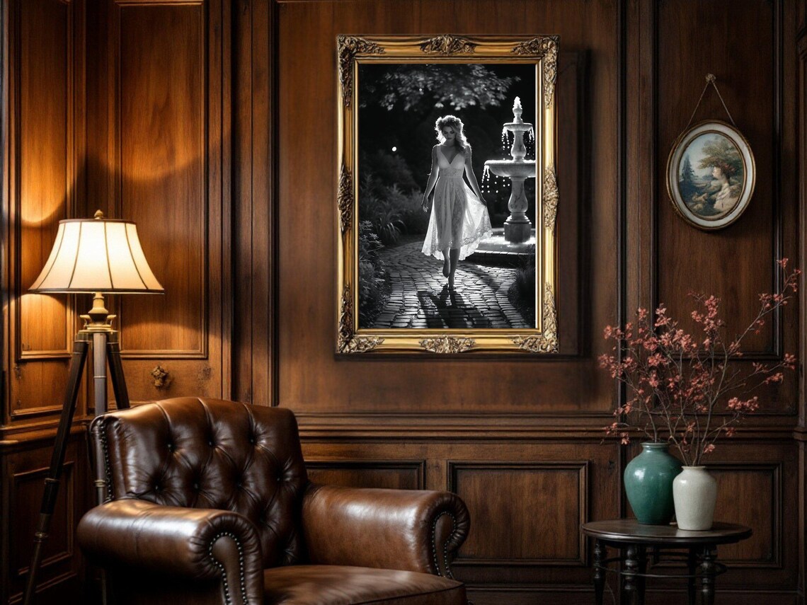 Barefoot Woman in White Dress by Moonlit Garden Fountain Poster - Image 5