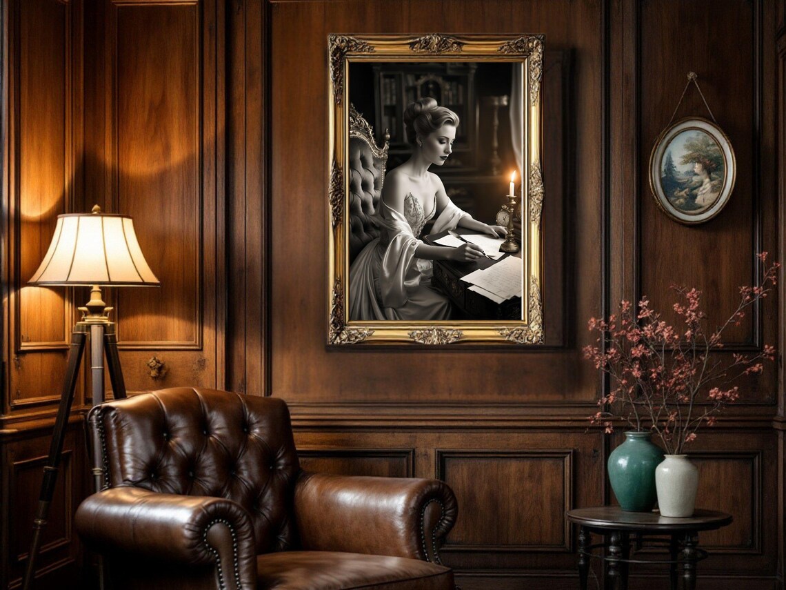 Woman in Satin Gown Writing Letters by Candlelight, Vintage Poster - Image 5
