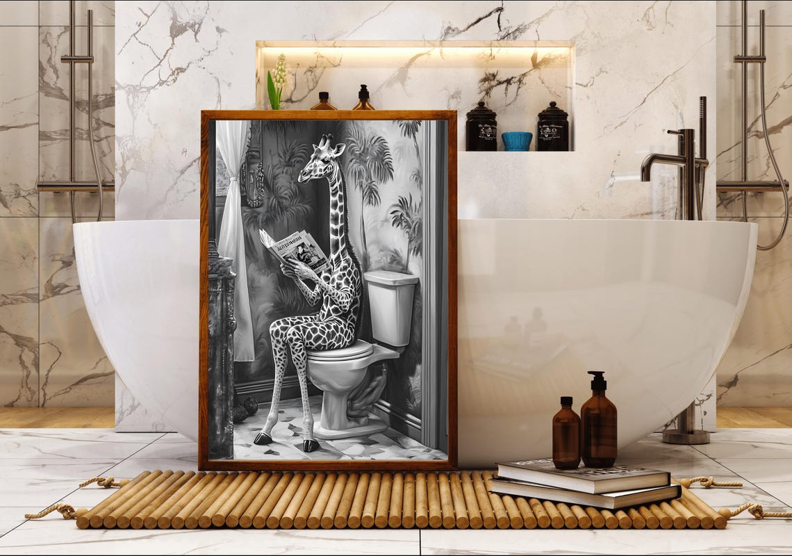 Giraffe Reading a Newspaper on the Toilet Whimsical Bathroom Poster - Image 5