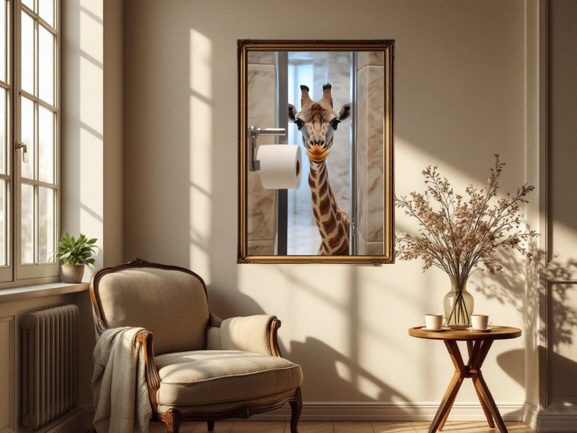 Giraffe Peeking Through Bathroom Door Funny Animal Bathroom Poster - Image 4