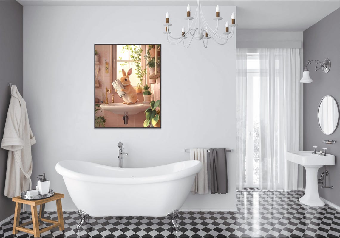Cute Bunny Standing On A Bathroom Sink Holding A Newspaper Poster - Image 2
