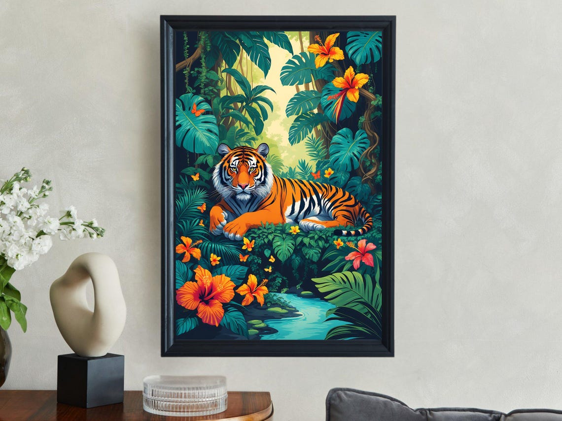 Majestic Tiger Resting In Lush Tropical Jungle Hibiscus Poster