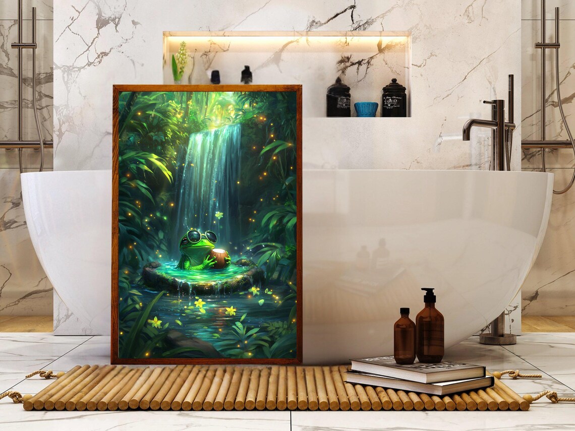 Cool Frog With Sunglasses Sipping Coconut Under A Jungle Waterfall Poster - Image 5