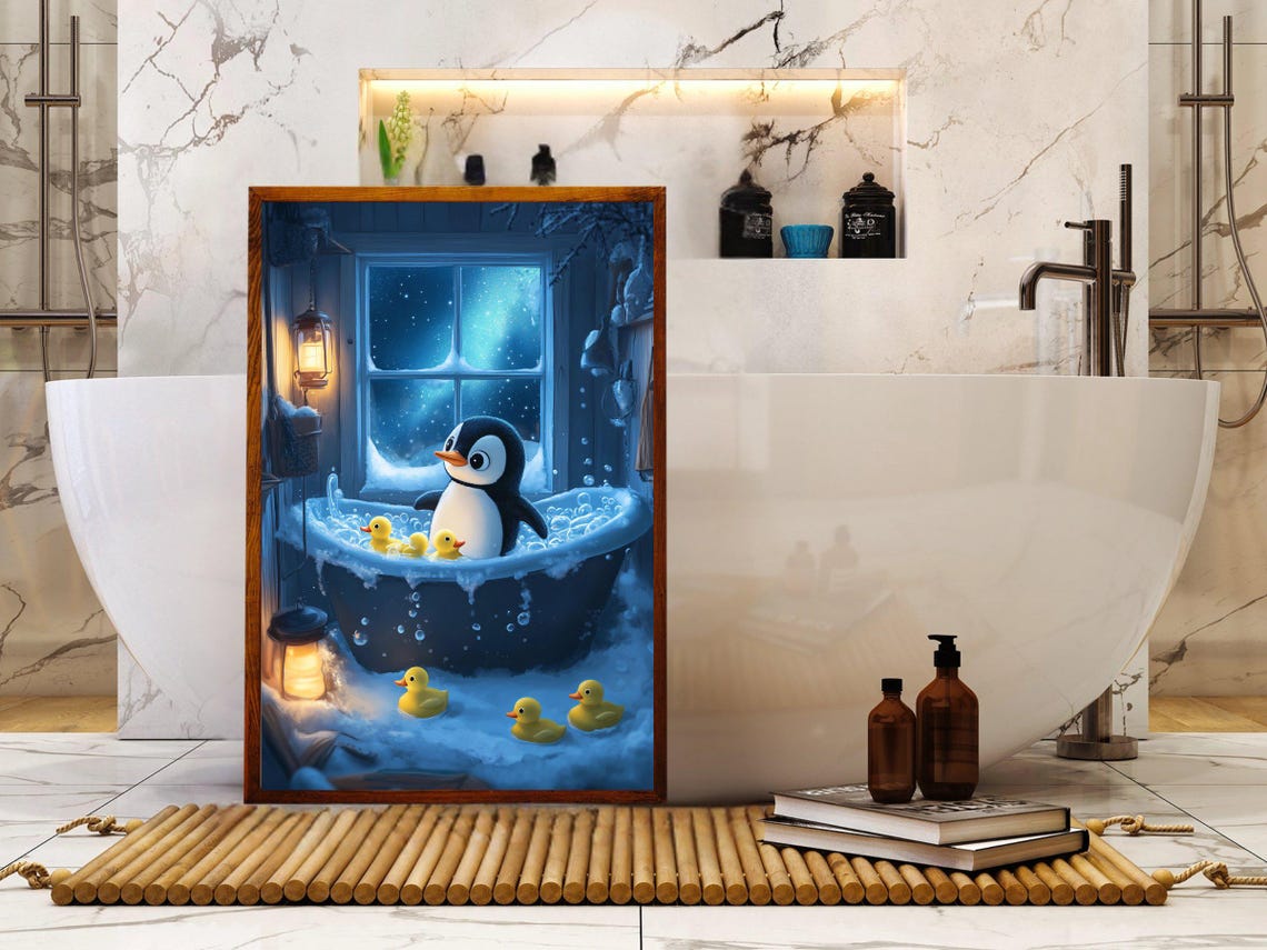 Penguin in Bubble Bath With Rubber Ducks Snowy Window Poster - Image 5
