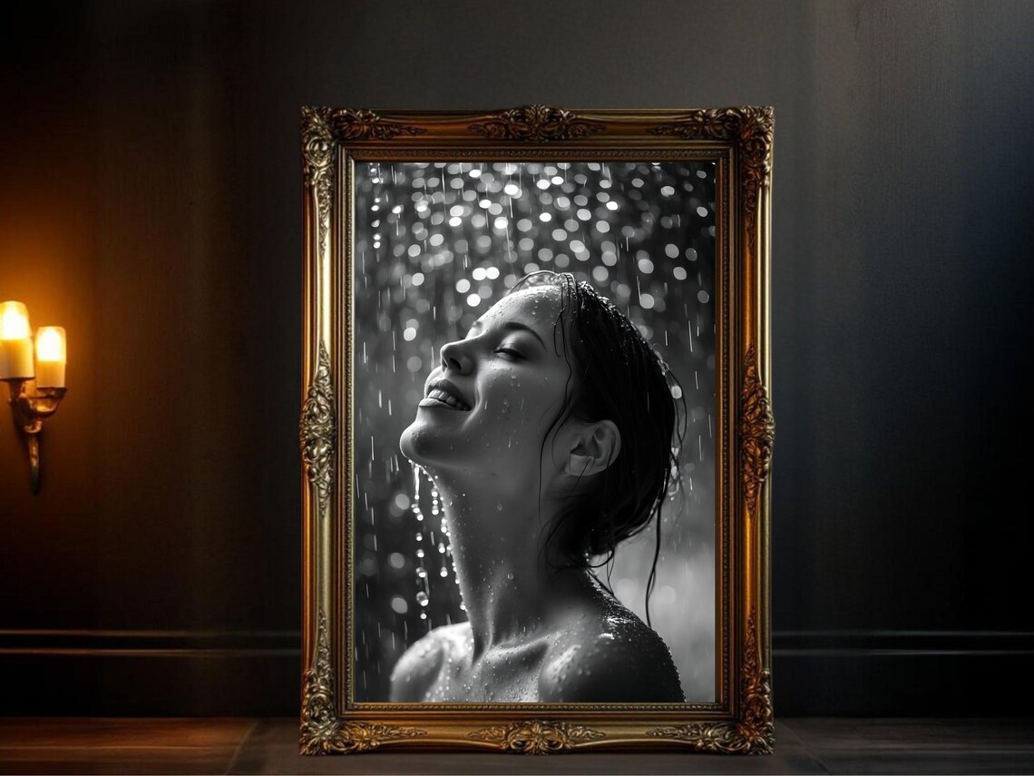 Black And White Rain Portrait Of A Joyful Woman In Summer Rain Poster