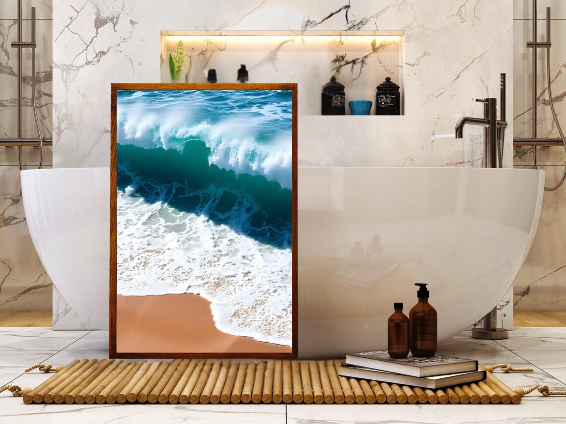Turquoise Ocean Wave Breaking Over Golden Sandy Shore Poster - Image 2