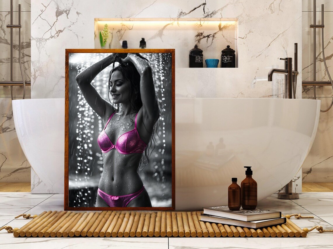 Smiling Woman In Sparkling Pink Lingerie Standing In The Rain Poster - Image 5