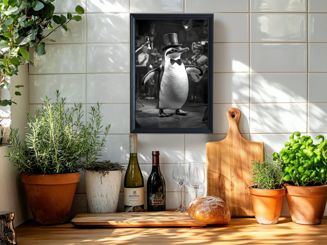Dapper Penguin in Top Hat and Bow Tie Black and White Poster - Image 2