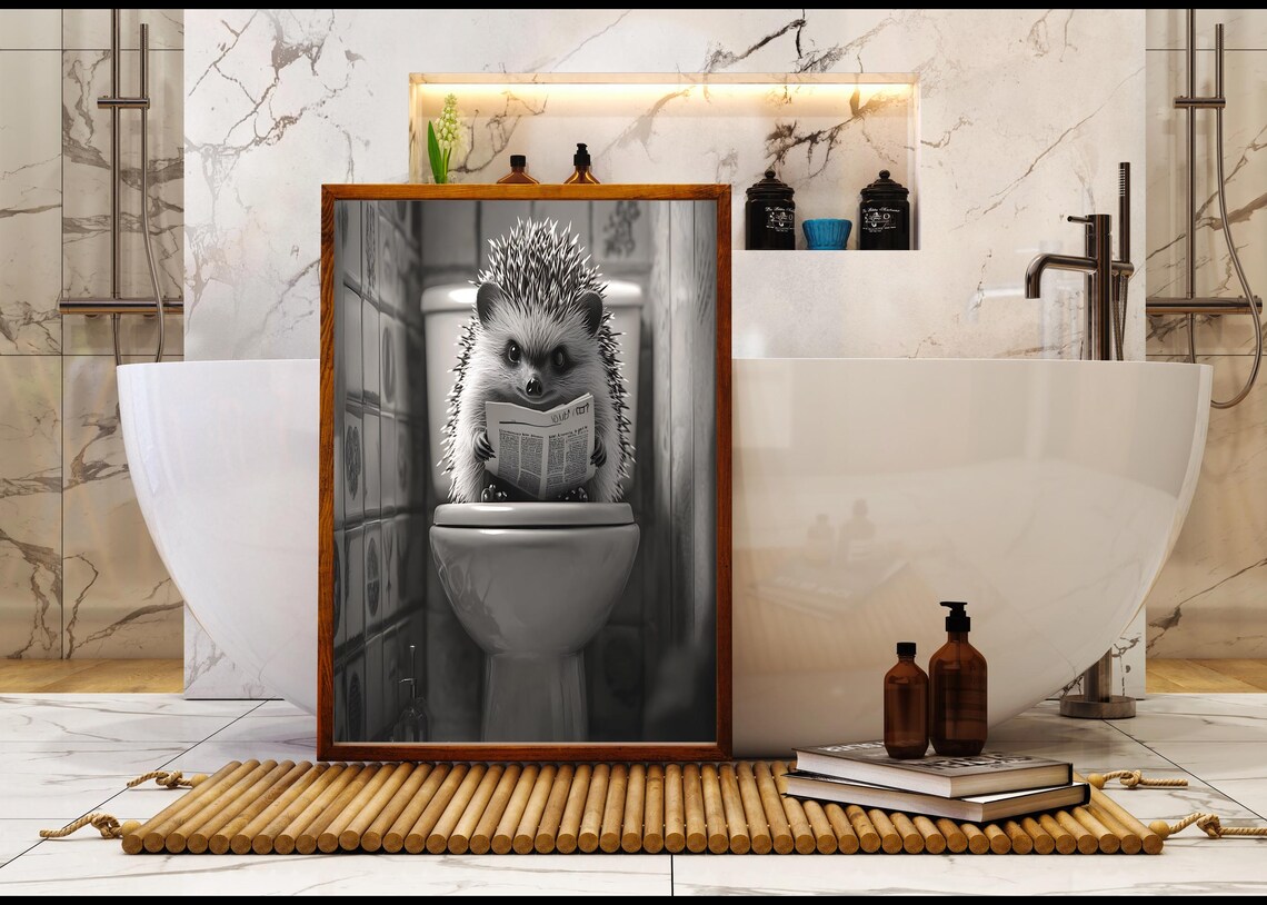 Hedgehog Sitting On Toilet Reading Newspaper Black And White Poster - Image 5