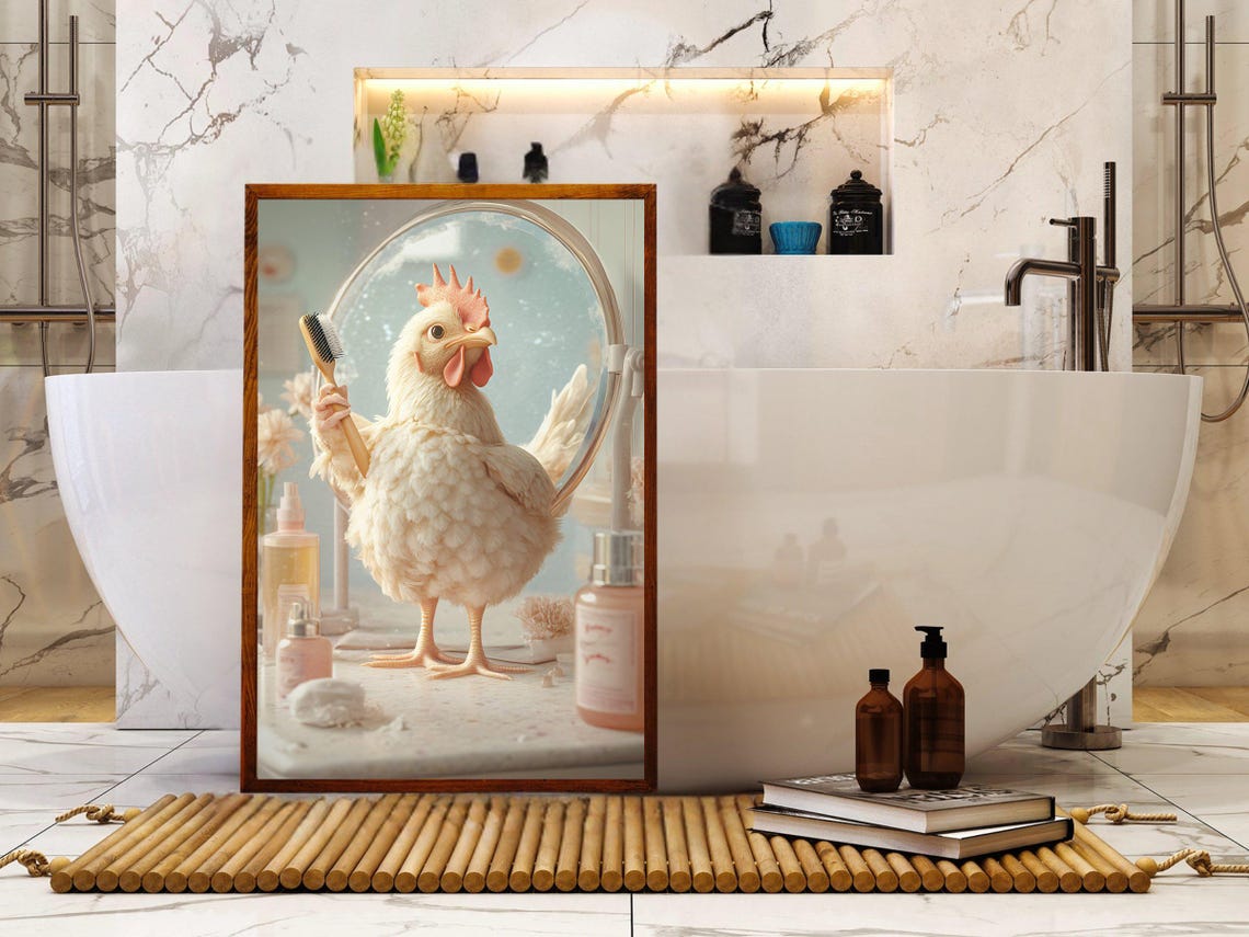 Charming White Hen Doing Her Beauty Routine at the Vanity Poster - Image 5