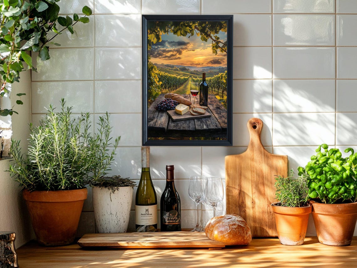 Vineyard Sunset Wall Art Wine And Cheese Landscape Print Rustic Countryside Decor Grape Vineyard Photography Dining Room Wall Decor - Image 2