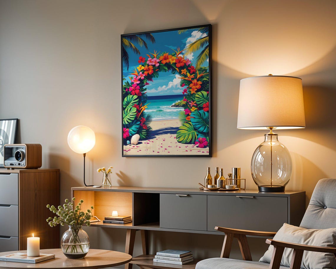 Tropical Beach Ocean View Framed By Hibiscus Flower Arch Poster - Image 3