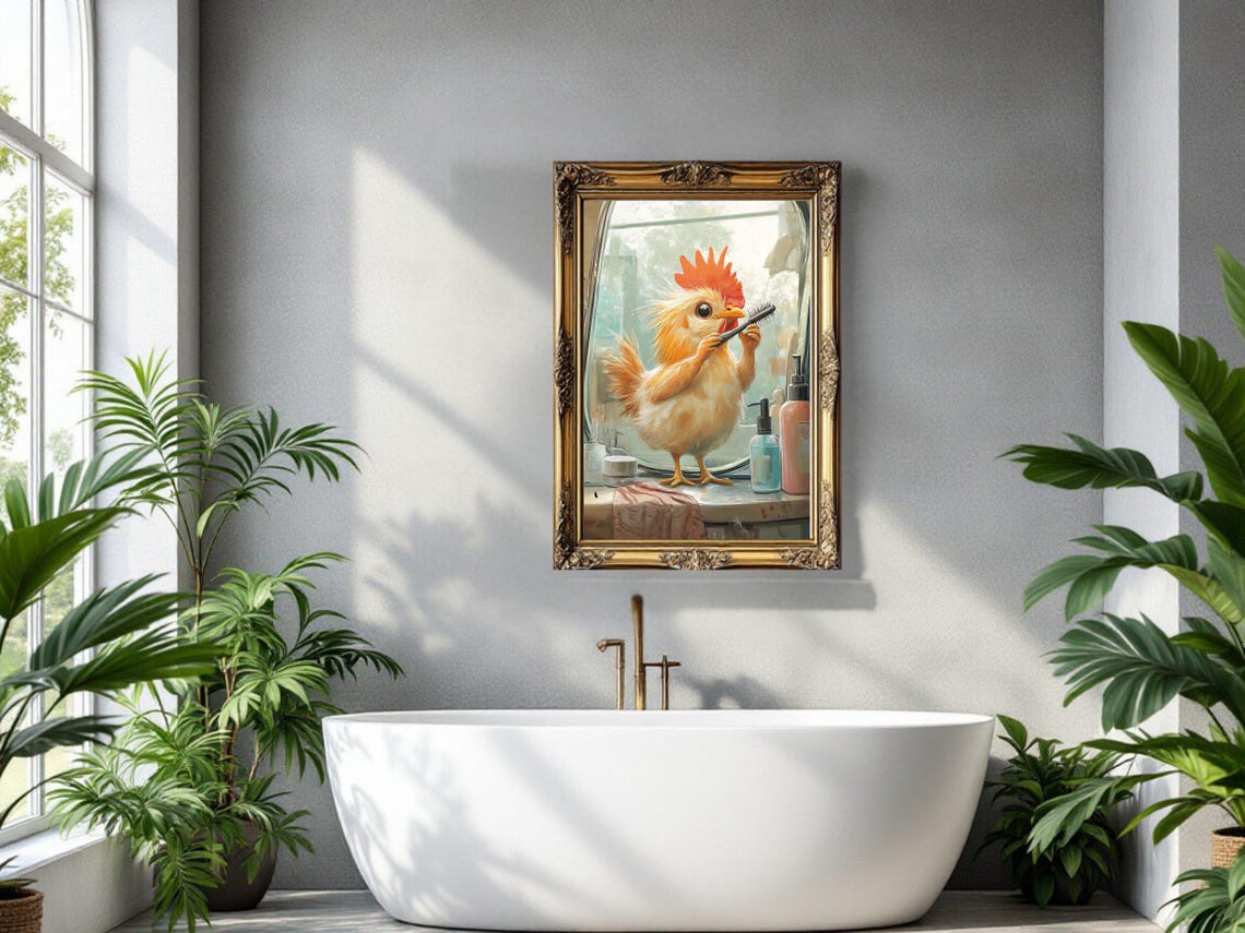 Adorable Baby Chicken Brushing Teeth in Front of Mirror Poster - Image 3