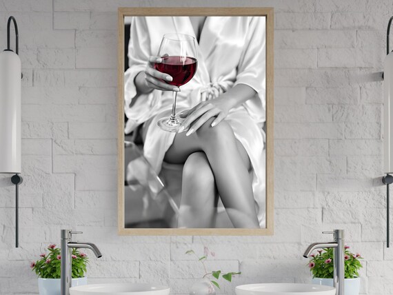 Woman in Silk Robe Holding Glass of Red Wine, B&W Photo Poster