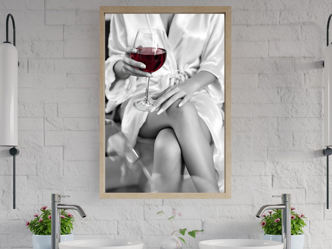 Woman in Silk Robe Holding Glass of Red Wine, B&W Photo Poster