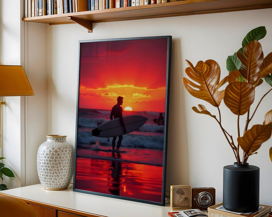 Surfer Silhouette Carrying Board Across Red Sunset Beach Poster - Image 3