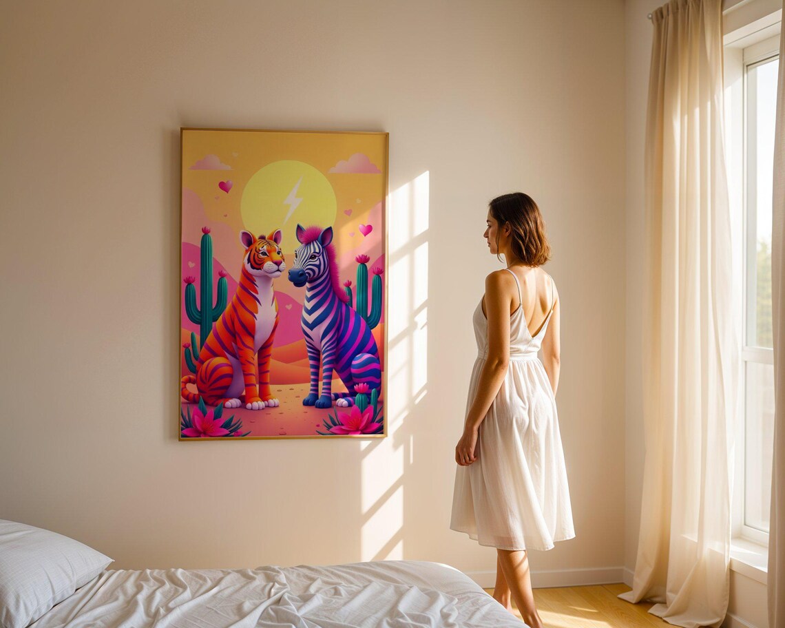 Colorful Tiger and Zebra Friends at Sunset Desert Cactus Art Poster - Image 4