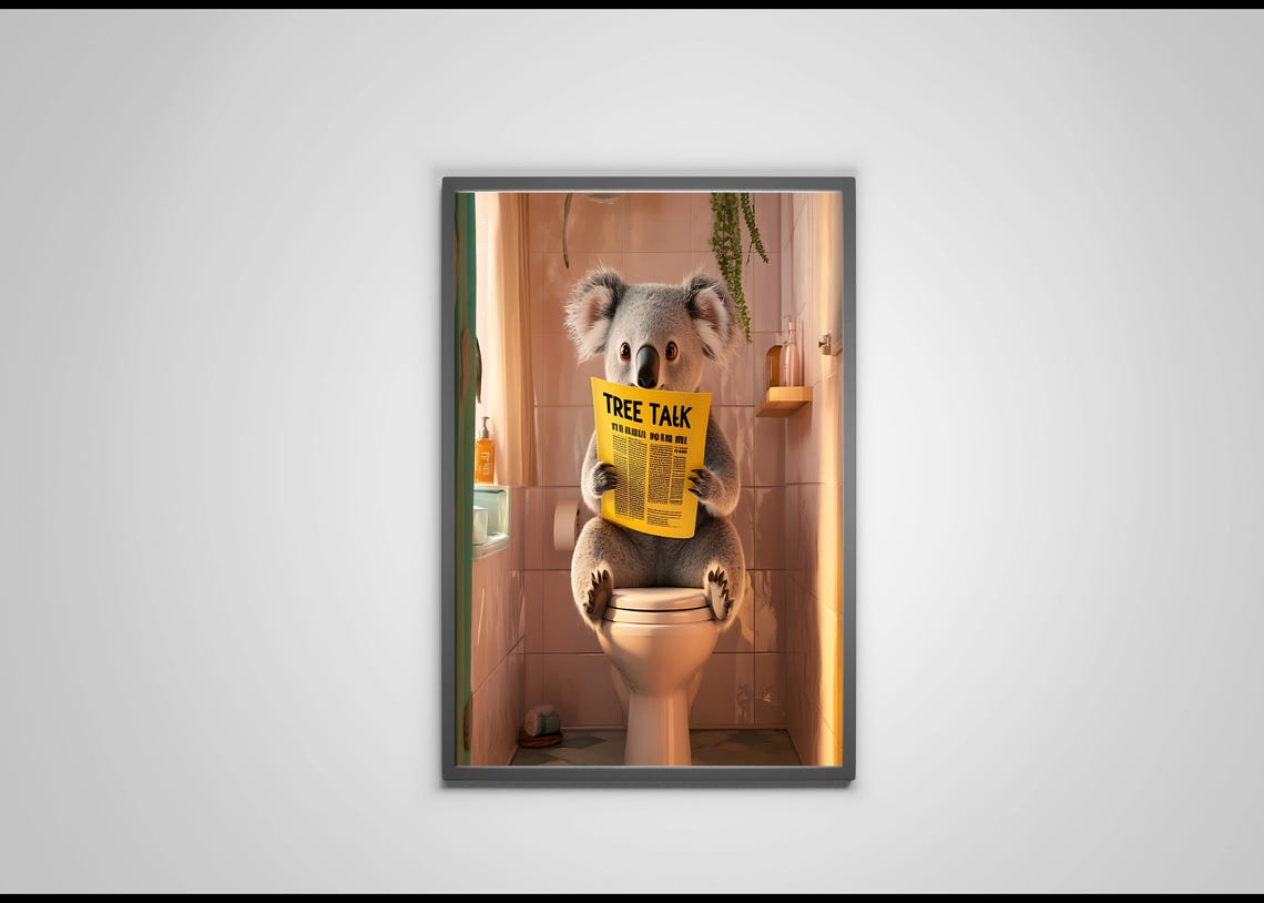 Koala Reading Tree Talk Newspaper On Toilet Funny Animal Poster