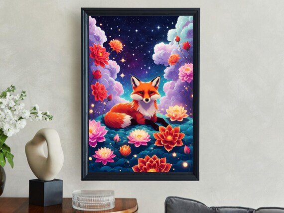 Red Fox Lotus Flowers Starry Night Dreamy Floral Garden Art Print