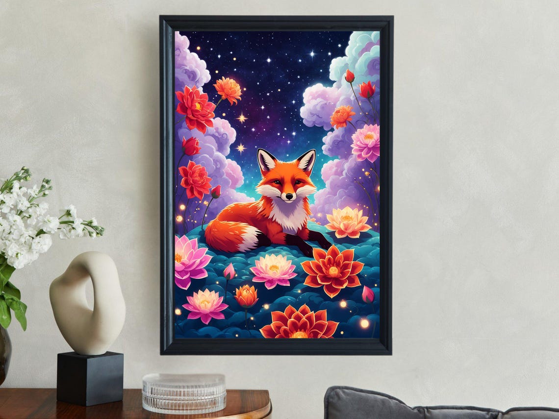Red Fox Lotus Flowers Starry Night Dreamy Floral Garden Art Print