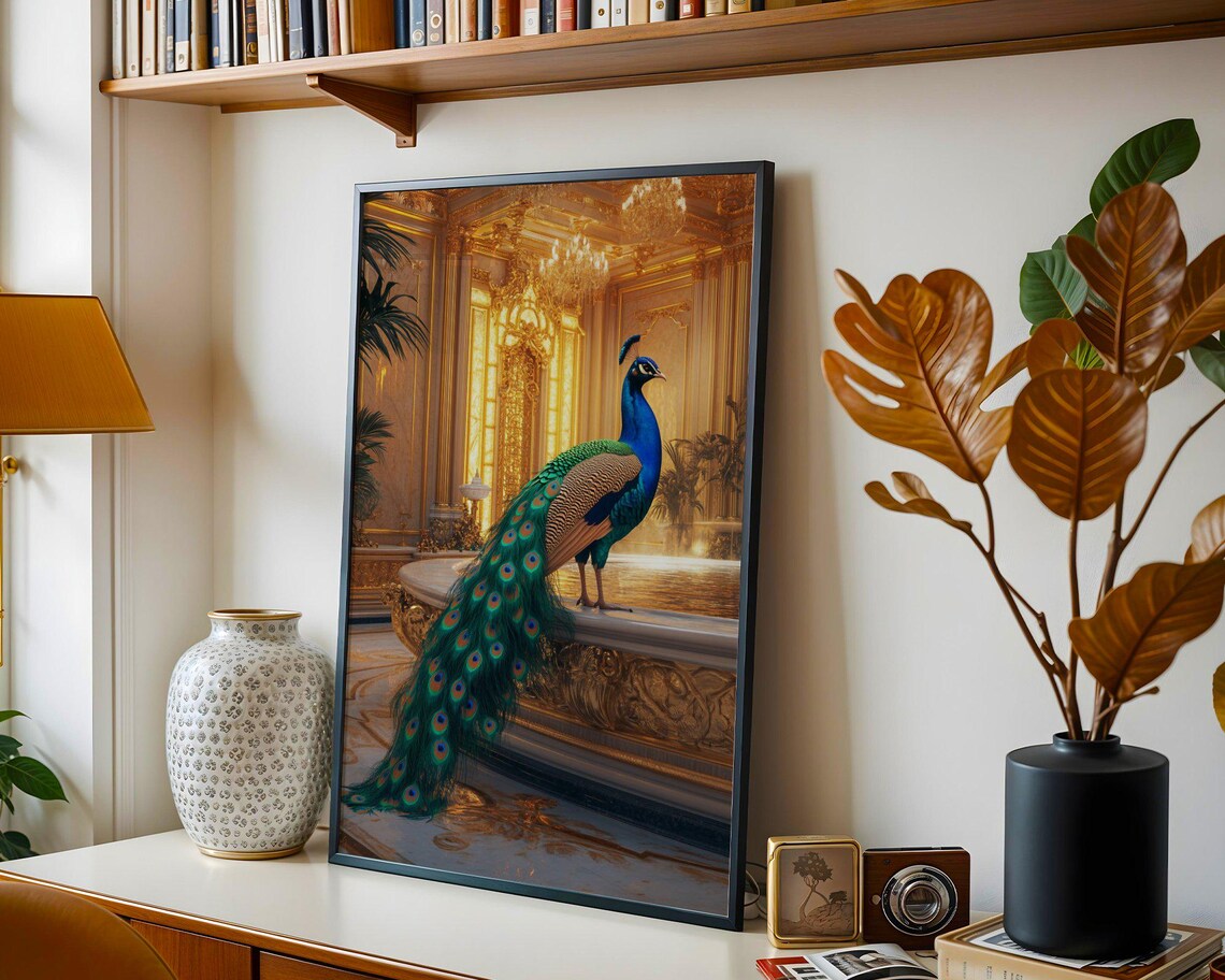 Majestic Peacock Perched in a Golden Palace Hall Elegant Art Poster - Image 4