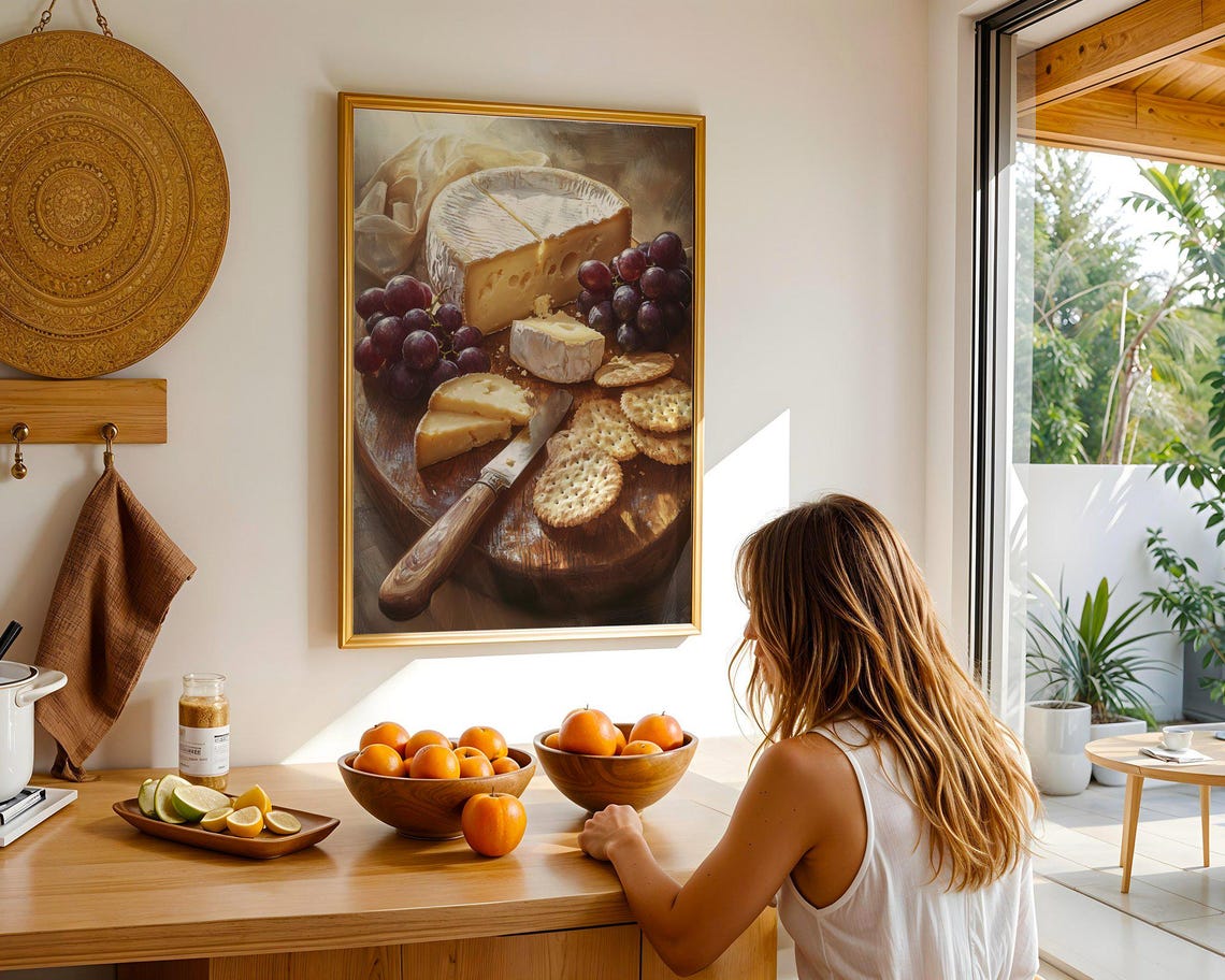 Rustic Cheese Board Grapes Brie Gourmet Kitchen Decor Art Print - Image 5