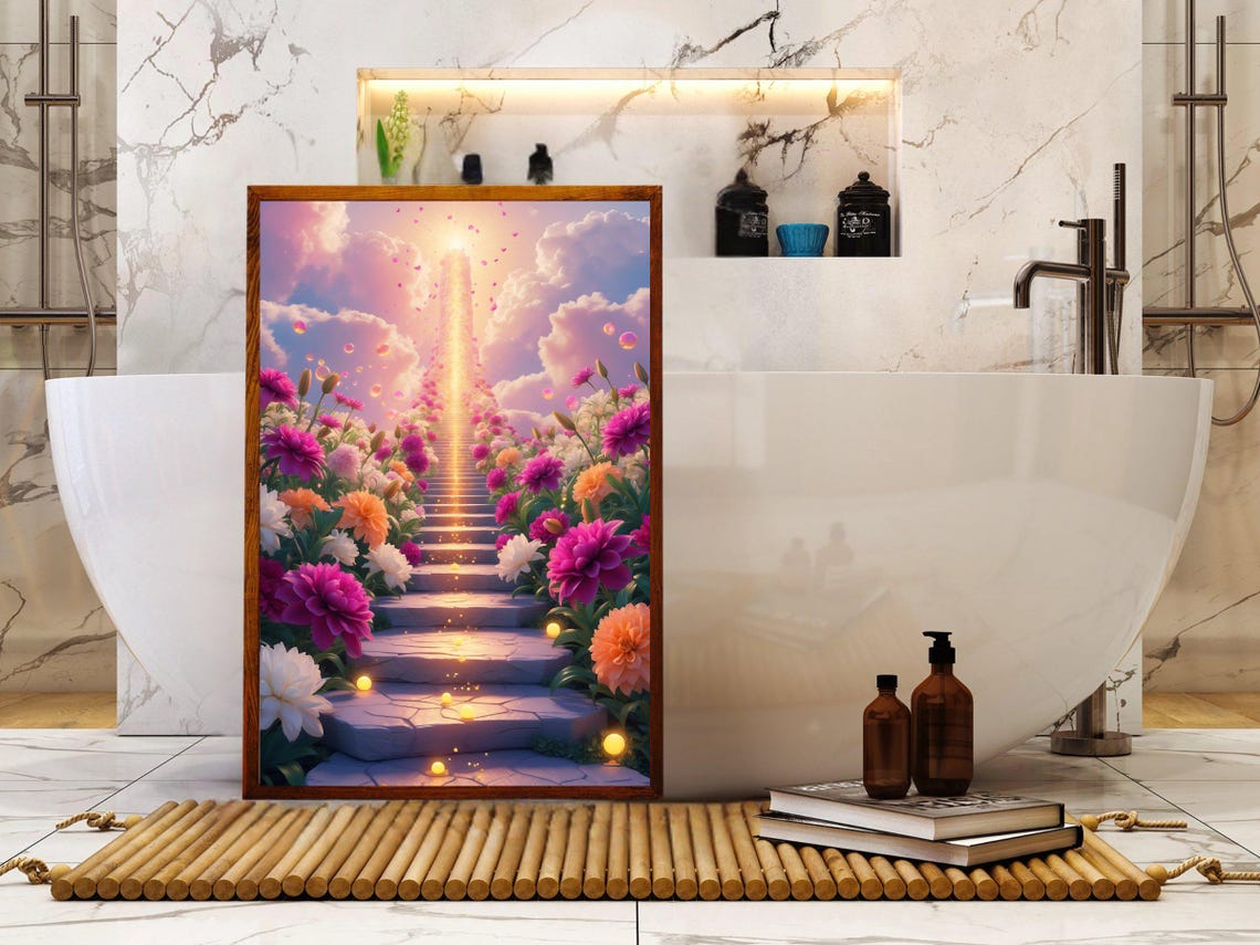 Flower Lined Staircase Rising Into Glowing Pink Clouds Poster - Image 5
