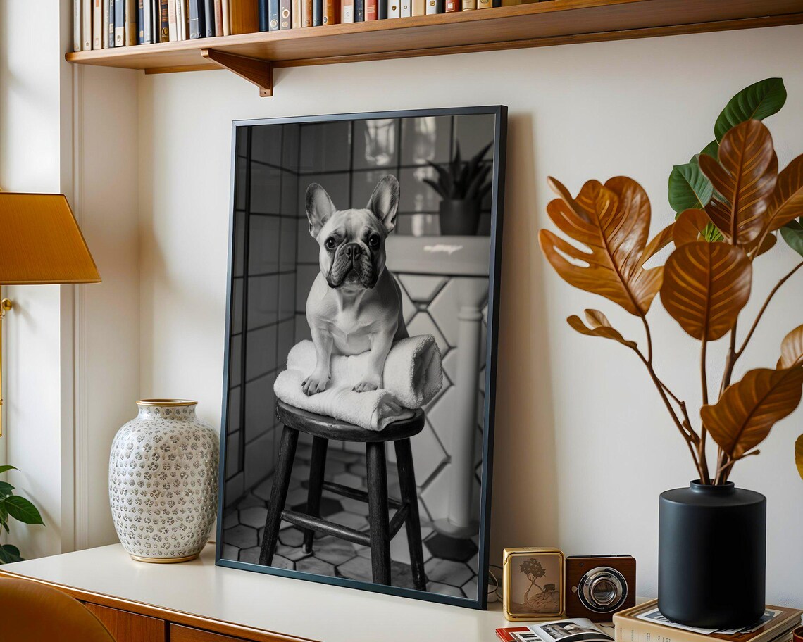 French Bulldog Sitting on a Towel in a Vintage Bathroom Photo Poster - Image 4