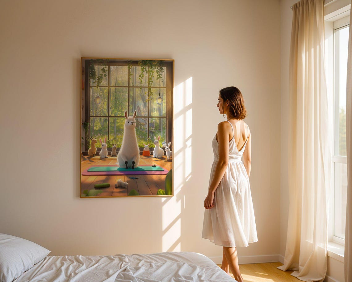 Llama Leading a Yoga Class With Bunnies in a Sunny Studio Poster - Image 3