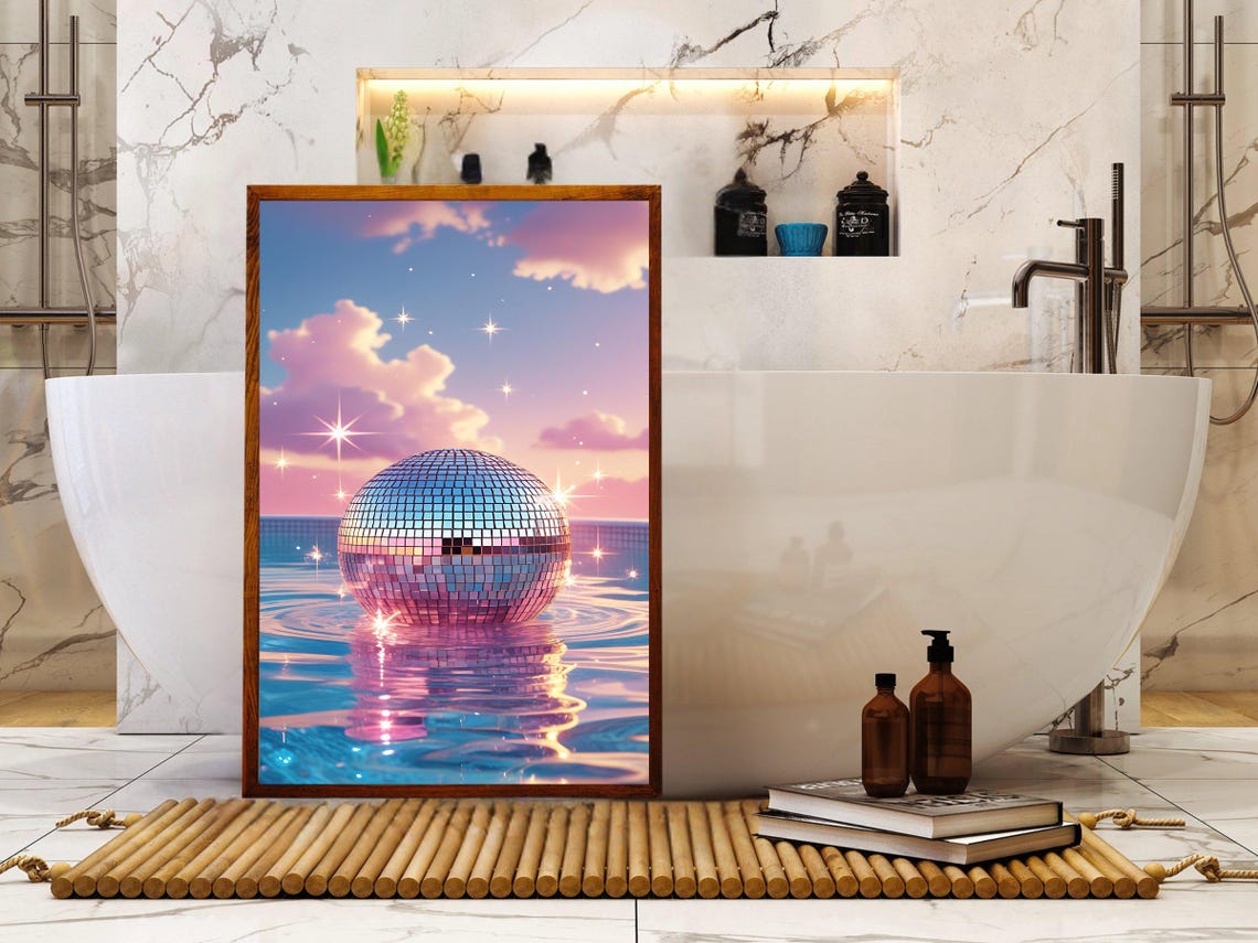 Retro Sunset Disco Ball Art Print Reflective Mirror Ball Wall Decor Colorful Sunset Sky Print Sparkling Poolside Poster - Image 2