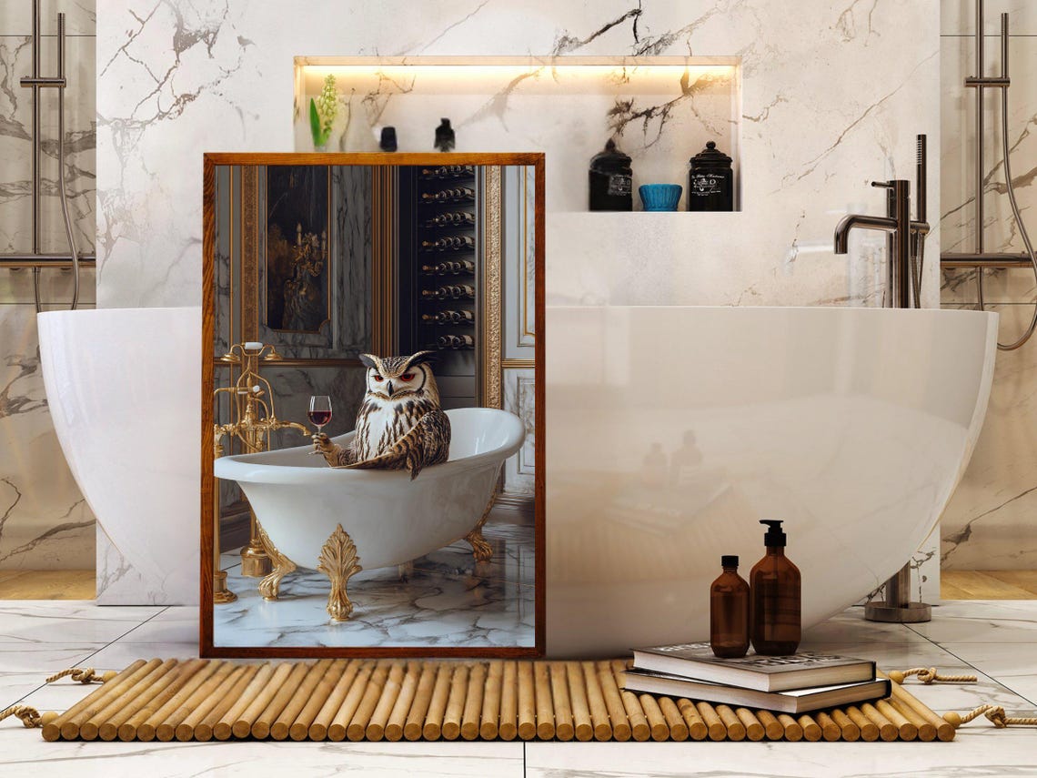 Sophisticated Owl Relaxing with Wine in a Golden Bathtub Poster - Image 5