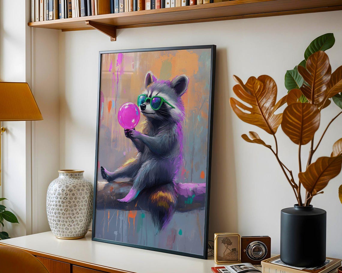 Cool Raccoon With Green Sunglasses Blowing Pink Bubble Poster - Image 2