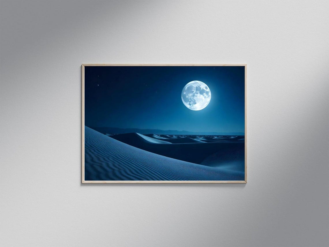 Mystical Full Moon Over Desert Dunes Wall Art Tranquil Blue Night Sky Scene Celestial Lunar Landscape Print Home Decor