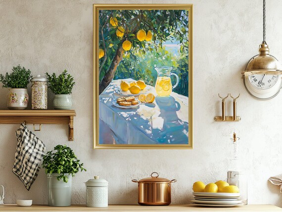 Lemon Tree Sunlit Table Art Still Life Lemons Painting Yellow Citrus Fruit Decor Kitchen Wall Art Fresh Lemonade Painting