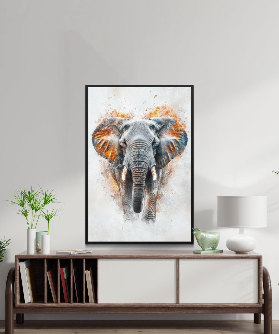 Majestic Elephant Watercolor Portrait With Warm Orange Splash Poster - Image 5
