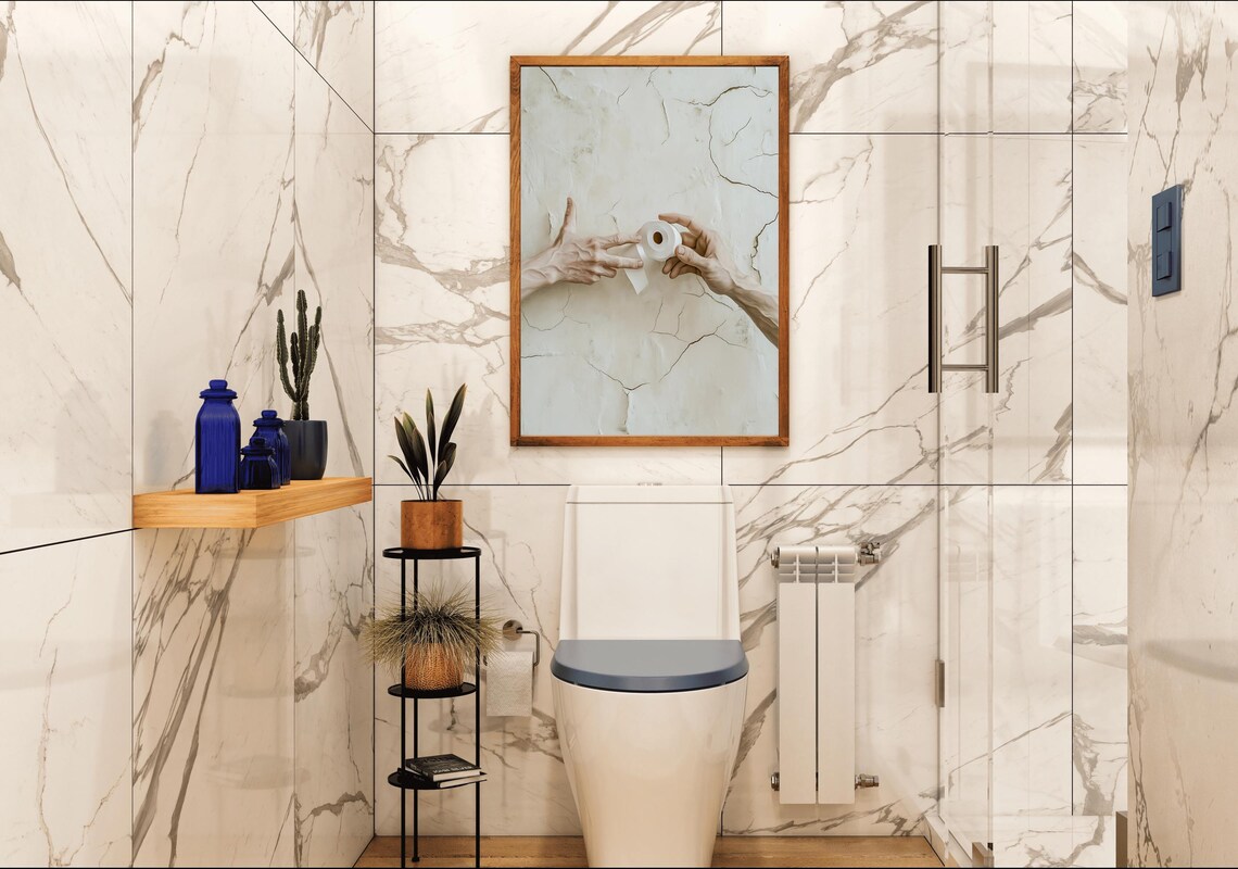 Creation of Adam Parody with Toilet Paper Funny Bathroom Art Poster - Image 4