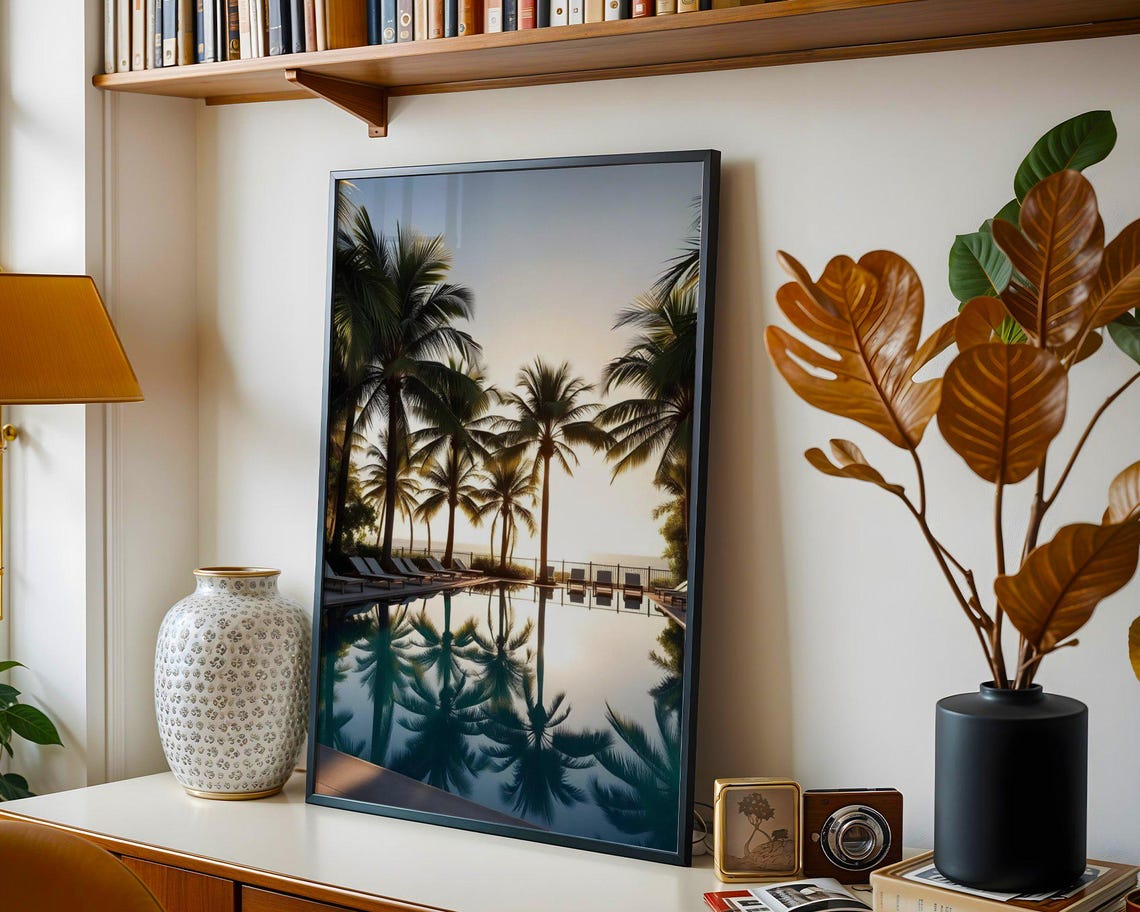 Tall Palm Trees Mirrored in Still Pool at Sunrise Resort Poster - Image 3