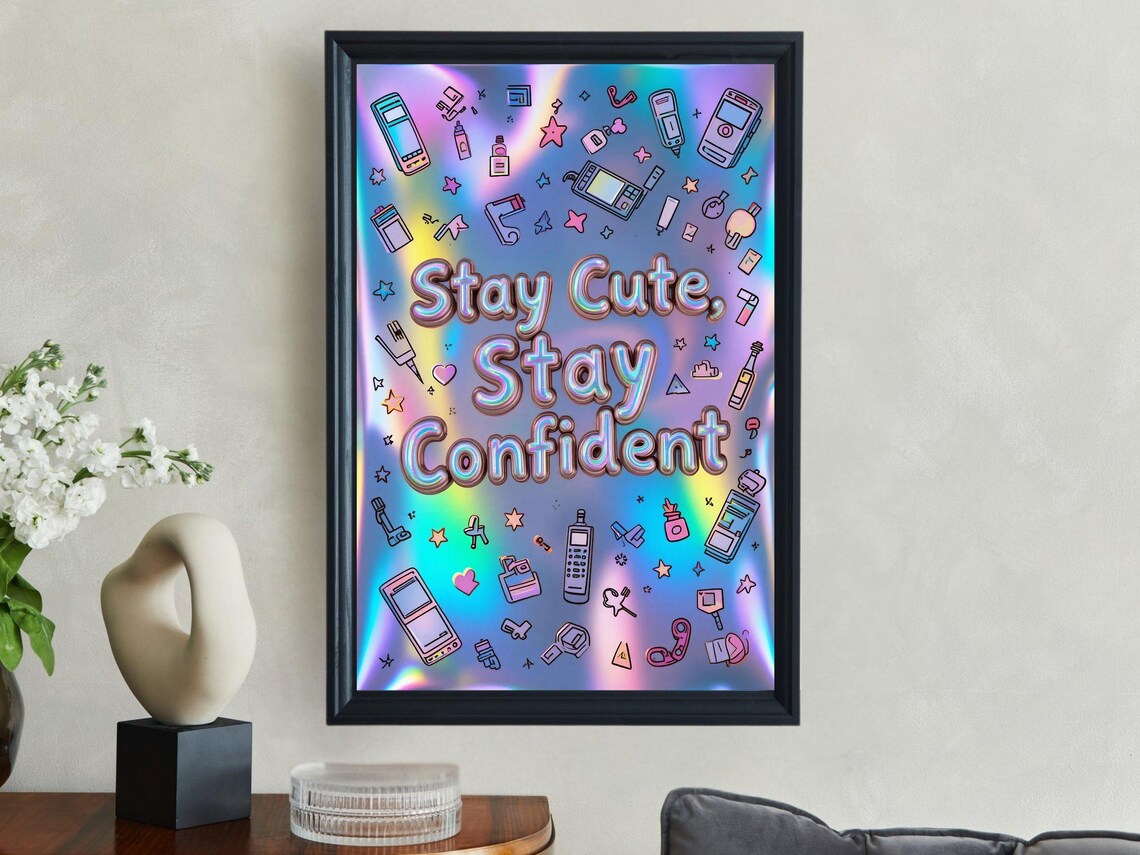 Stay Cute Stay Confident Holographic Retro Gadget Doodle Quote Poster